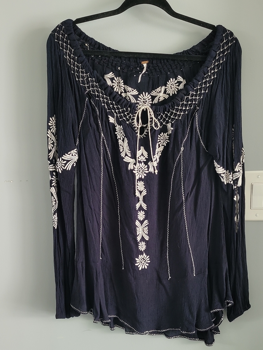 Free People Navy Peasant Tunic with White Embroidery
